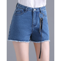德玛纳2018夏装新款圆环装饰毛边牛仔短裤女韩版高腰宽松显瘦热裤中牛仔蓝