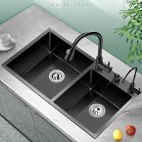好太太不锈钢洗菜盆双槽厨房纳米水槽黑色家用大号洗碗池台下