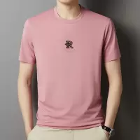 专柜新款男士冰丝短袖t恤男夏季印花桑蚕丝粉色圆领宽松上衣潮牌