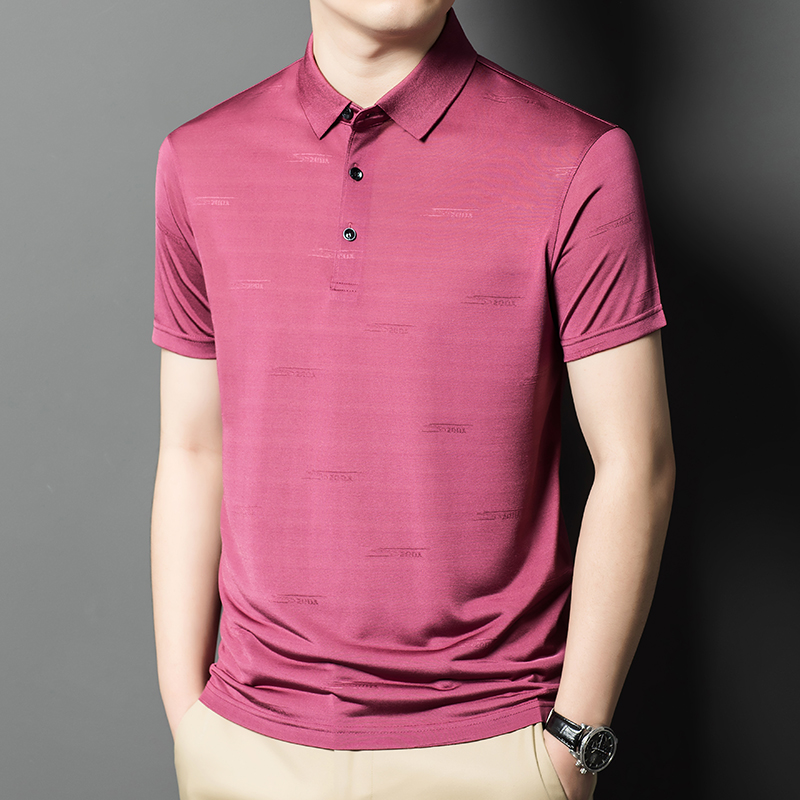 专柜桑蚕丝短袖t恤男夏季新款商务休闲翻领中年爸爸条纹上衣可批发定制工作服加肥加大码男装新款夏季真丝短袖体恤衫