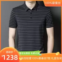 夏季新款专柜产真丝桑蚕丝男士T恤短袖翻领条纹冰丝polo衫薄