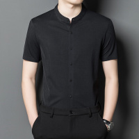 冰丝短袖衬衫男无痕薄款弹力爽滑衬衣夏季竖条纹提花休闲凉爽男