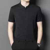 冰丝短袖衬衫男无痕薄款弹力爽滑衬衣夏季竖条纹提花休闲凉爽男