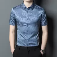 夏季男士桑蚕丝短袖花衬衫轻奢男装宽松薄款印花凉感半袖衬衣