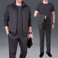 锋非凡 品牌中老年运动套装男春秋三件套宽松大码南韩丝运动服爸爸装跑步休闲套装两件套