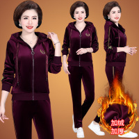 锋非凡品牌妈妈秋冬装双面绒加绒加厚运动套装女外套上衣中老年人女金丝绒两件套中老年连帽运动服两件套
