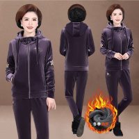 锋非凡品牌中老年人女装秋冬装金丝绒运动服中年妈妈冬装外套加绒加厚保暖防寒连帽卫衣两件套