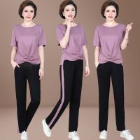 锋非凡 品牌2020新款中老年人运动套装女夏季妈妈夏装洋气套装中老年女装中年人加肥加大码春夏短袖T恤两件套