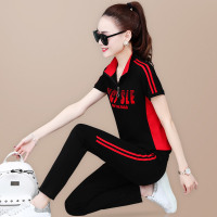 锋非凡 品牌正品运动套装女夏短袖长裤运动装女夏短套装2020新款跑步宽松大码显瘦休闲两件套棉