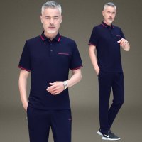 锋非凡 品牌中老年运动套装男装成熟风商务休闲装夏季男士短袖T恤长裤翻领polo衫男两件套爸爸高档夏装