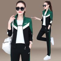 锋非凡品牌运动套装女春秋三件套2020新款大码韩版宽松学生休闲套装女运动衣服女潮立领拼色宽松大码外套女春秋跑步三件套