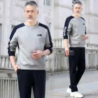 中老年园领卫衣套装春秋季2021新款时尚拼色爸爸装男士休闲运动服