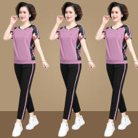 妈妈夏装圆领短袖T恤花色两件套中老年夏季运动服套装女2021新款