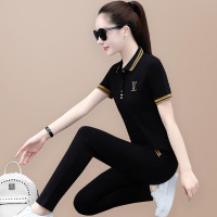 纯棉运动休闲套装女夏2022新款翻领减龄显瘦短袖POLO衫长裤两件套