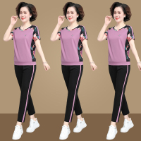 母亲节衣服中年妈妈夏装短袖T恤两件套中老年夏季运动服套装女夏