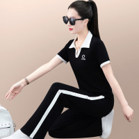 运动服套装女夏季2023新款洋气修身显瘦翻领短袖长裤休闲装两件套