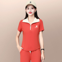 运动休闲套装女夏装2023新款时尚洋气女士翻领短袖长裤跑步两件套