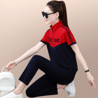 休闲运动套装女夏2023新款宽松洋气减龄拼色短袖长裤广场舞两件套