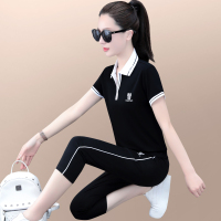 休闲运动套装女夏2023年新款时尚洋气翻领短袖七分裤跑步服两件套
