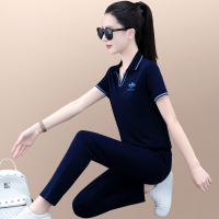 休闲套装女夏2023新款洋气减龄显瘦翻领短袖长裤运动跑步服两件套
