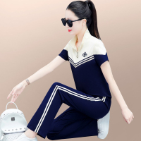 运动服套装女夏2023新款时尚洋气女士拼色短袖长裤休闲跑步两件套