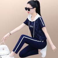 运动服套装女夏2023新款时尚韩版宽松连帽短袖长裤休闲跑步两件套