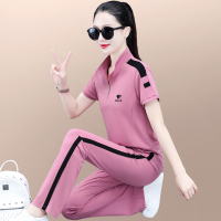 运动套装夏装女2023新款洋气修身显瘦女士冰丝短袖长裤休闲两件套