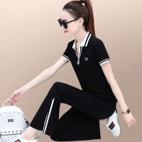 运动套装女夏2023新款时尚宽松显瘦立领短袖开叉阔腿裤休闲两件套