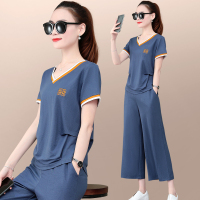 运动套装女夏2023新款洋气宽松减龄V领短袖阔腿九分裤休闲两件套