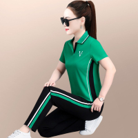 运动服套装女夏季2023新款洋气妈妈翻领短袖长裤广场舞休闲两件套