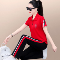 夏季运动服套装女2023新款宽松洋气翻领短袖长裤休闲跑步服两件套