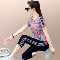 运动套装女夏季2023新款减龄显瘦花色圆领短袖七分裤休闲服两件套