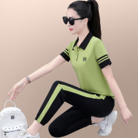 运动套装夏女2023新款宽松减龄显瘦女士翻领短袖长裤休闲服两件套