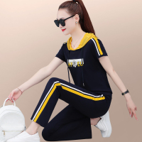 运动服套装女夏季2023新款宽松显瘦连帽短袖长裤休闲跑步服两件套