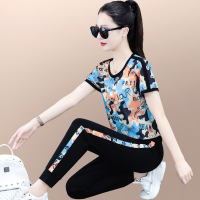 夏季迷彩服套装女2023新款洋气圆领短袖长裤户外休闲运动服两件套