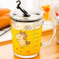 送杯盖+硅胶吸管[2套]儿童冲牛奶杯350ml 带刻度杯子带把宝宝早餐吸管玻璃水杯带盖泡奶粉