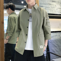 短袖衬衫男纯棉韩版潮流工装帅气七分袖牛仔很仙的衬衣帅气男装2021新款夏季宽松休闲外套