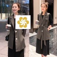 1马甲两件套女2021春装新款韩版单排扣马夹搭中长款修身针织连衣裙