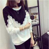 嗨Girl2019春季新款女装蕾丝长袖宽松圆领大码胖MM百搭T恤卫衣打底衫女