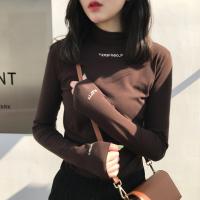 嗨Girl2019半高领上衣打底衫女秋冬套头字母绣花修身学生纯色长袖T恤女