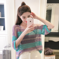 2019春夏新款韩版小清新撞色条纹五分袖针织衫外套镂空性感罩衣女