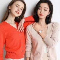 春秋羊开衫女短款外搭v领薄款宽松针织长袖毛衣韩版毛衫外套潮女