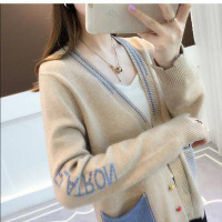 2020春秋新款慵懒风毛衣女长袖韩版宽松显瘦拼色外搭开衫女外套潮