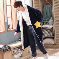 情侣睡袍女冬季珊瑚绒睡衣男浴袍法兰绒加厚加长星星睡袍女可外穿