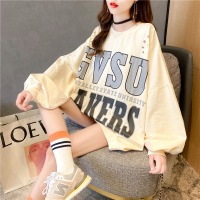 2021春季韩版宽松字母印花破洞薄款蕾丝中长款小卫衣女