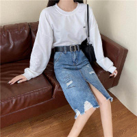 2020新款牛仔半身裙女大码开叉A字裙高腰显瘦破洞中长款ins