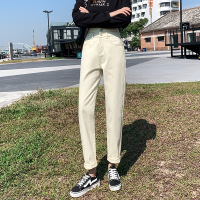 漫倪纷2021春季新款高腰宽松显瘦牛仔裤女双扣潮九分哈伦裤