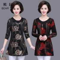 熊起2019春装长袖T恤中长款妈妈装打底衫中老年女装大码圆领上衣