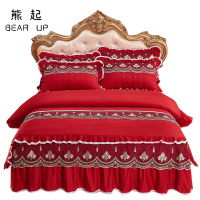 熊起家纺2021纯棉加厚被套四件套床裙款夹棉1.8公主风蕾丝双人2.0床罩床单婚庆