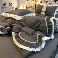 熊起家纺2021ins质感元气古典黑床上四件套水洗棉仙女风波浪点缀花边被套床单